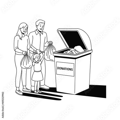 Family donating clothes and items to a donation bin helping others concept white background