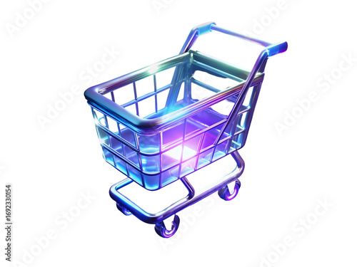 Holographic Shopping Cart Icon Blue Purple Chrome Metal Wireframe Empty Glowing Transparent isolated on a transparent background