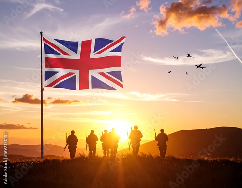 Silhouette of soldiers at sunset with a UK flag