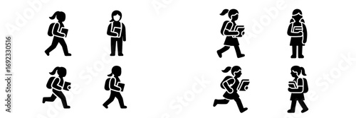 Collection of black glyph icons depicting a young schoolgirl with a backpack and books in various poses like walking, running, and standing