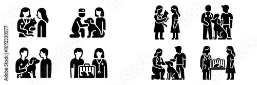 Veterinary clinic solid glyph icons set showing veterinarians examining pets like dogs and cats with their owners in various animal care situations