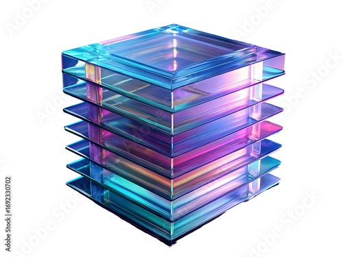 Stack of iridescent glass squares transparent cube holographic effect blue purple pink teal isolated on a transparent background