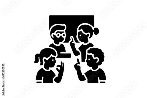 Inclusive classroom with teacher and students learning sign language communication for deaf and hard of hearing individuals