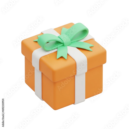 3d orange gift box with light green bow and white ribbon festive celebration present transparent background
