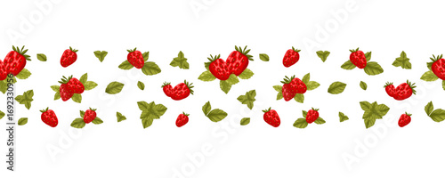 Juicy strawberries and mint leaves seamless vector border. A perfect hand-drawn illustration for summer and healthy food designs. Great for packaging, fabric, kitchen decor, and invitations