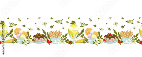 Sweet desserts and pastries seamless vector border. A perfect hand-drawn illustration with cakes, ice cream, and waffles. Great for confectionery packaging, cafe menus, invitations, and fabric designs