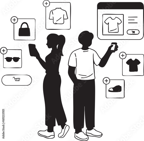 Online shopping concept people interacting with e-commerce interface icons