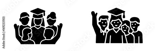 Two black silhouettes depicting a group of graduates and students celebrating university commencement