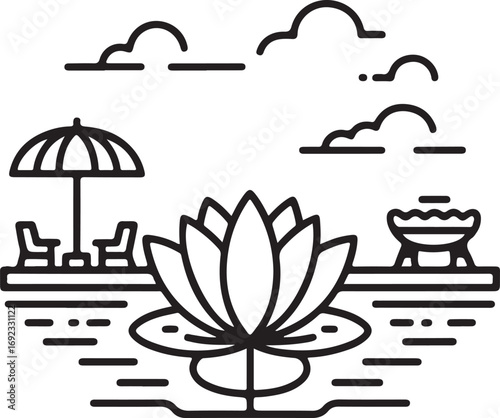 Serene outdoor scene with a blooming lotus flower in water complemented by a beach umbrella chairs and a fire pit under a cloudy sky evoking tranquility and relaxation