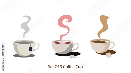 Illustrated set of three coffee cups with rising steam, tea bag, sugar cubes, and colorful liquids on white background for beverage themes