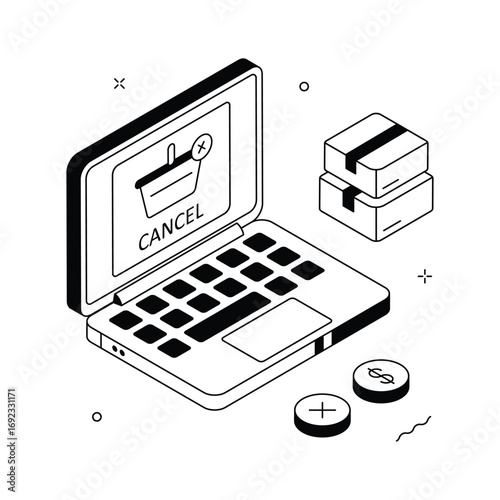 Online order cancellation isometric illustration in trendy design style