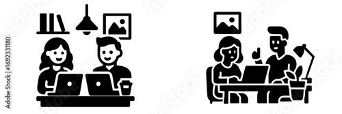 Coworking space and teamwork with people working on laptops at a desk in a professional office environment
