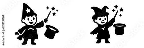 Simple black and white icon set of a cute child magician character performing a magic trick with a wand and top hat