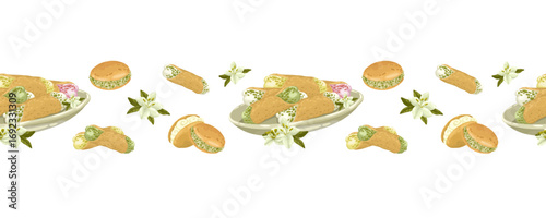 Pastries and desserts seamless vector border. A charming hand-drawn illustration featuring pies, cannoli, and cookies. Ideal for bakery branding, cafe decorations, culinary invitations