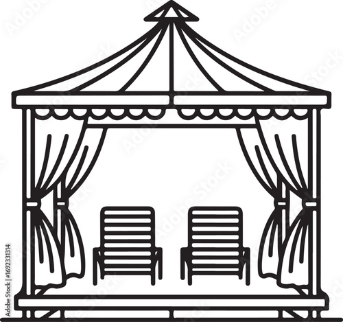 Simple line art illustration of an open sided gazebo with two lounge chairs and curtains perfect for outdoor relaxation and garden design concepts