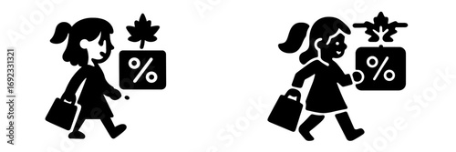 Autumn sale glyph icon set with a girl walking with a shopping bag and a percentage discount sign with a maple leaf