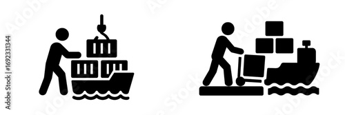 Freight transport and logistics icons showing a worker loading cargo containers onto a ship for import and export