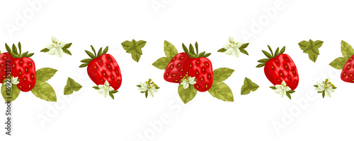 Juicy strawberries and mint leaves seamless vector border. A perfect hand-drawn illustration for summer and healthy food designs. Great for packaging, fabric, kitchen decor, and invitations