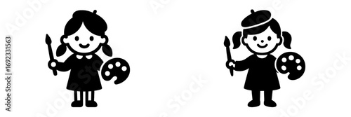 Simple black and white icon set of a young girl artist holding a paintbrush and palette for creative hobbies and art class