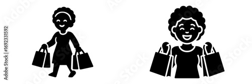 Happy Black woman carrying shopping bags glyph icon set for retail and consumerism concepts, isolated on a white background