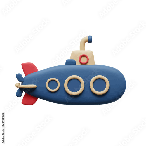 3D Claymorphic Submarine Icon isolated on a white background