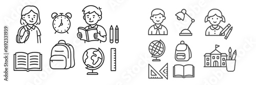 Modern collection of school education supplies, student characters, and academic tools for learning and study concepts