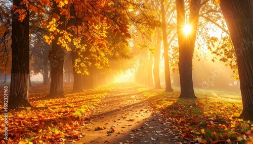 Auntum park alley with tall trees and vibrant orange foliage, fallen leaves covering the pathway, serene and atmospheric fall landscape