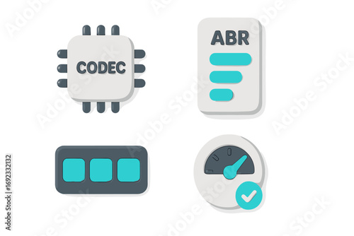 Set of digital technology icons representing data processing, adaptive bitrate streaming, and system performance measurement