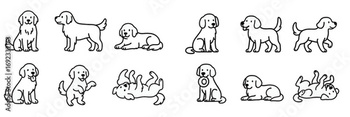 Collection of adorable puppy characters in various playful poses and actions, a charming set of cute domestic dog illustrations in a simple line art style