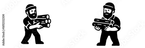 Set of two lumberjack character icons carrying logs of firewood. Black and white minimalist symbol of a woodsman or forester at work, isolated on a white background