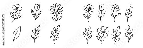 Set of hand-drawn flower and leaf doodles in a minimalist line art style for botanical design elements