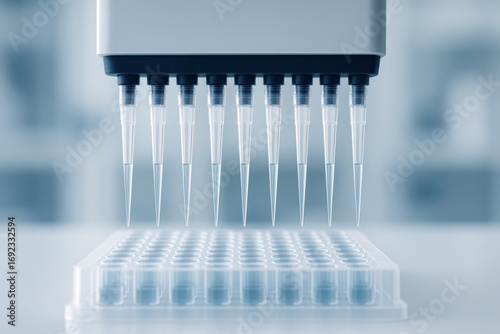 Dna structure research tool laboratory pipette tips above microplate