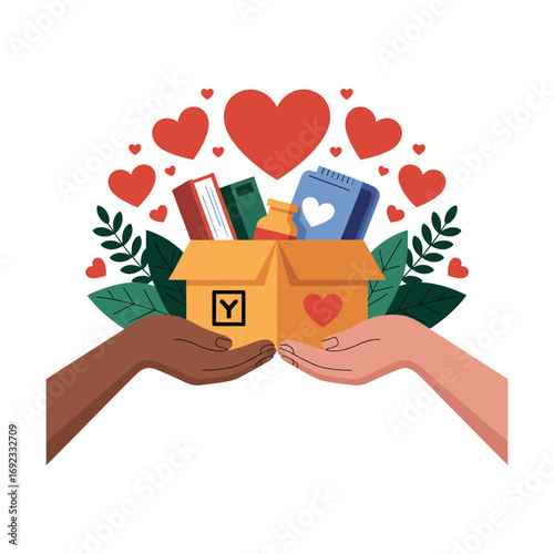 Diverse hands gently hold donation box filled with books and hearts symbolizing generosity and community support white background