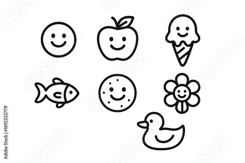 Set of cute smiling character icons including an apple, ice cream, fish, cookie, flower, and rubber duck in a simple black line art style