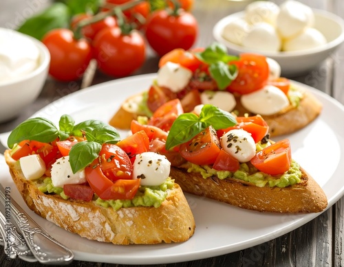 Bruschetta with avocado, mozzarella, and tomatoes