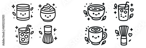Kawaii matcha tea icon set with cute smiling faces in a simple black and white line art style featuring Japanese green tea beverages and cafe elements