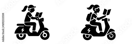 Woman riding an electric scooter while reading a map for navigation, a set of two black glyph icons for urban mobility and sustainable transport
