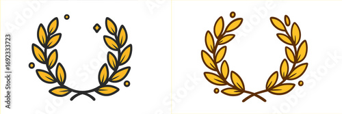 Gold laurel wreath icon set symbolizing victory honor and achievement, circular branch with leaves for award ceremony or champion emblem