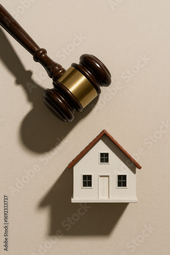 Wooden gavel and small house model casting shadows on beige surface symbolizing real estate law
