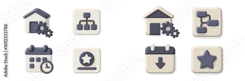 User interface icon set with volumetric business and management symbols including calendar, settings, flowchart, and favorite star for web and mobile application design