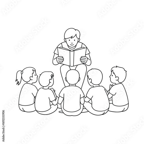 Teacher reads book to group of diverse children sitting in circle learning together white background