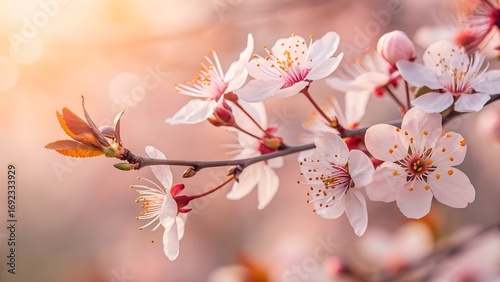  Soft Bokeh Closeup of Delicate Pink White and Orange Flowers.