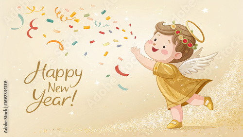 A charming cartoon illustration of a little angel celebrating the New Year with confetti. This image is perfect for websites and blogs about holidays, celebrations, and greeting cards.

