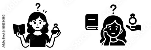 Confused woman choosing between a diamond ring for marriage and a book for education or career, a difficult life decision icon set