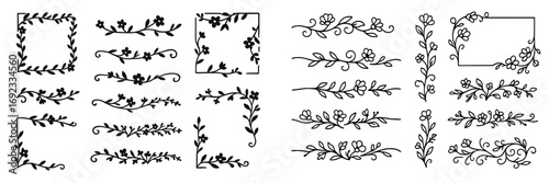 Collection of hand-drawn floral dividers and borders with botanical line art frames and decorative corner elements for design