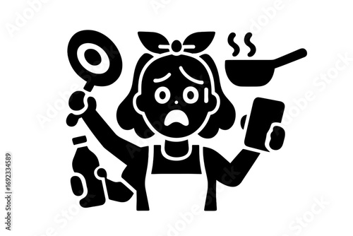 Stressed and overwhelmed person multitasking with cooking and phone calls, representing burnout and anxiety from household chores black glyph icon