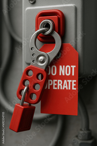 Red lockout tag with metal lock securing industrial switch for safety prevention