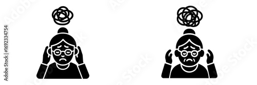 Elderly woman icon with anxiety and confusion symbol, senior citizen experiencing headache, stress, or dementia, mental health concept for seniors