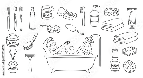 Relaxing bath time with essential toiletries for skincare and hygiene, promoting cleanliness and wellness