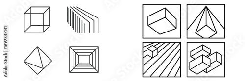 Abstract geometric shapes and optical illusions in a minimalist line art style with various three-dimensional forms and perspective views